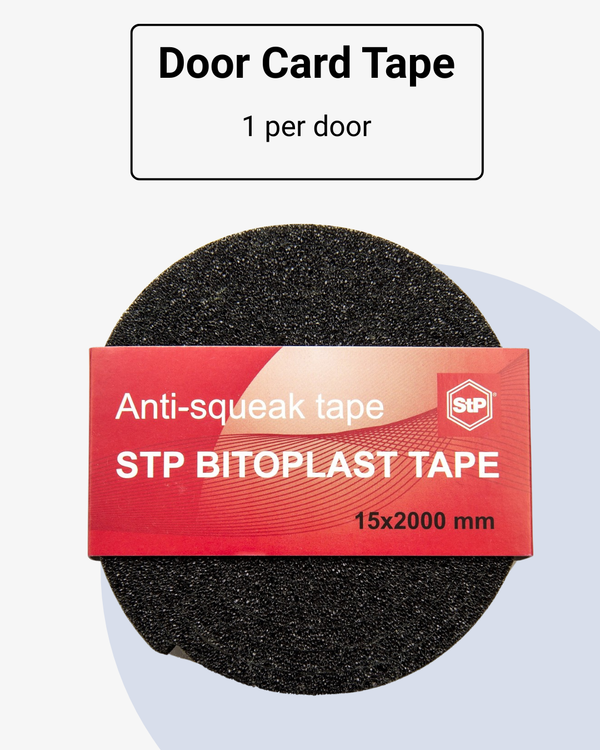 Roll of black textured StP Bitoplast Anti Noise Tape labeled as anti-squeak tape, designed for car door card soundproofing and noise reduction.
