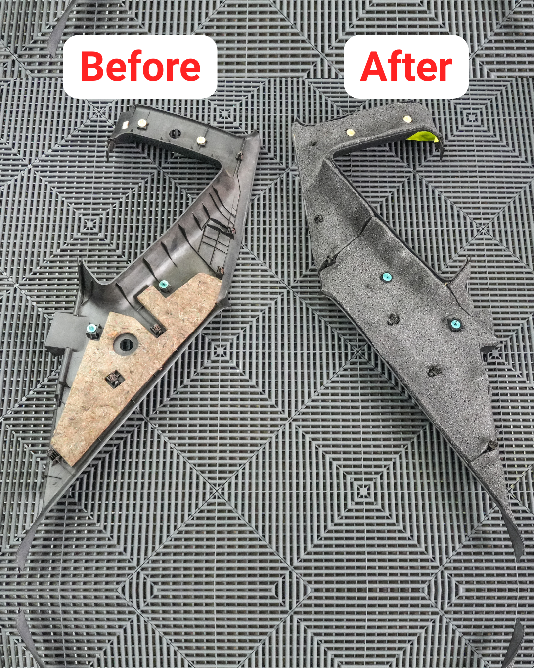 Before and after comparison of a car interior panel treated with Sound Absortion StP Biplast, demonstrating enhanced sound absorption and automotive noise reduction performance.