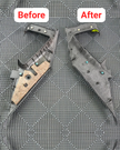 Before and after comparison of a car interior panel treated with Sound Absortion StP Biplast, demonstrating enhanced sound absorption and automotive noise reduction performance.