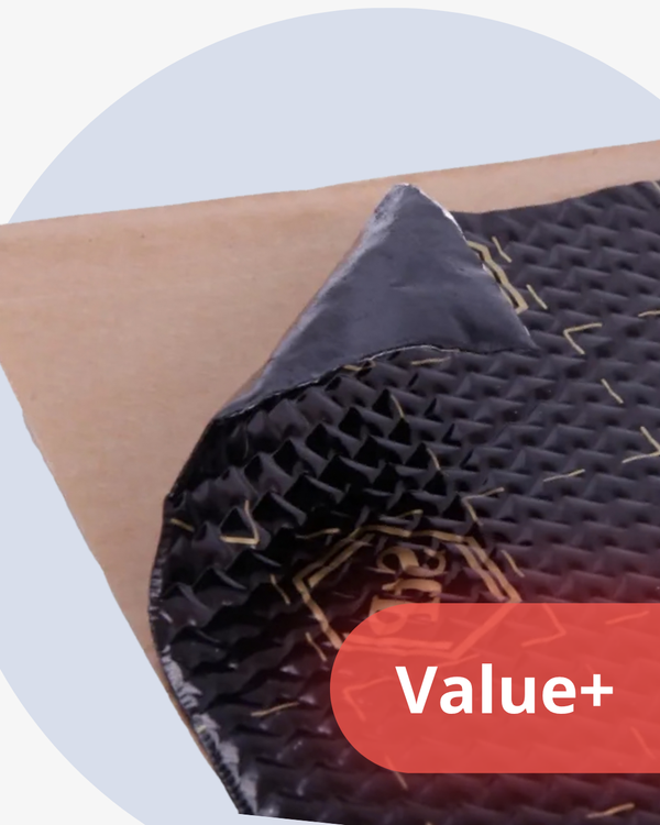 Roll of black underlayment with a 'Value+' label on a beige surface