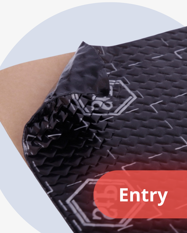 Roll of black textured material with a brand logo on a white background