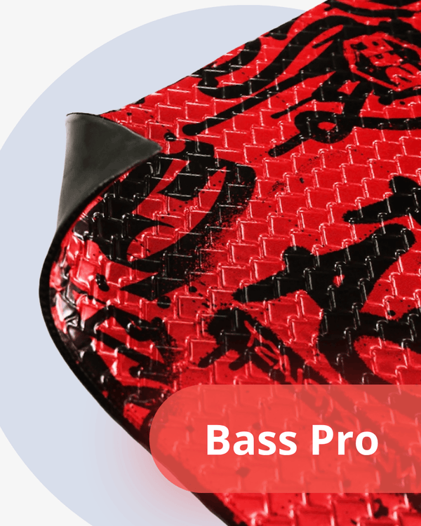 Close-up of a red and black textured object with 'Bass Pro' branding.