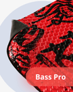 Close-up of a red and black textured object with 'Bass Pro' branding.