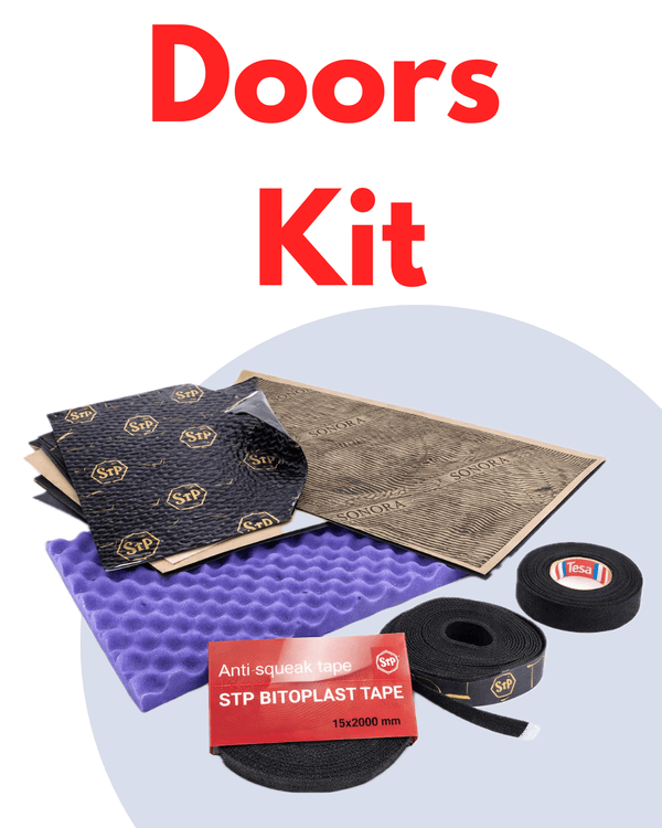 Door sealing kit with materials and tapes on a white background